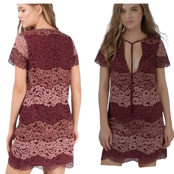 NEW TOBI Andei Burgundy Lace Shift Dress Sz S/P Short Sleeve Line Cocktail Party - Picture 3 of 12